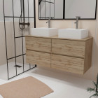 Meuble salle de bains 120cm 4 tiroirs chêne naturel - 2 vasques carrées 41x41x15cm blanches Aurlane - PACM751