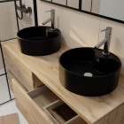 Meuble salle de bains 120cm 4 tiroirs chêne naturel - 2 vasques rondes 41cm en céramique noire Aurlane - PACM752
