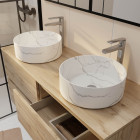 Meuble salle de bains 120cm 4 tiroirs chêne naturel - 2 vasques rondes 36cm blanches effet marbre Aurlane - PACM755