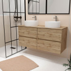 Meuble salle de bains 120cm 4 tiroirs chêne naturel - 2 vasques rondes 36cm en céramique blanche Aurlane - PACM756
