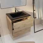 Meuble de salle de bains 60 cm 2 tiroirs chêne naturel + vasque céramique noire - timber Aurlane - PACM705