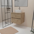 Meuble salle de bains 60cm 2 tiroirs chêne naturel + vasque ronde diamètre 41cm en céramique blanche Aurlane - PACM734