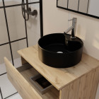 Meuble salle de bains 60cm 2 tiroirs chêne naturel + vasque ronde diamètre 41cm en céramique noire Aurlane - PACM736