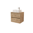 Meuble salle de bains 60cm 2 tiroirs chêne naturel + vasque carrée 38x38x13cm blanche effet marbre Aurlane - PACM738