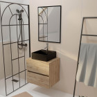 Meuble salle de bains 60cm 2 tiroirs chêne naturel + vasque carrée noire 41x41cm et miroir 60x80cm Aurlane - PACM759