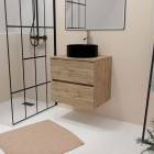 Meuble salle de bains 80cm 2 tiroirs chêne naturel + vasque ronde diamètre 41cm en céramique noire Aurlane - PACM744