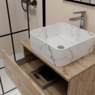 Meuble salle de bains 80cm 2 tiroirs chêne naturel + vasque carrée 38x38x13cm blanche effet marbre Aurlane - PACM746