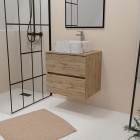 Meuble salle de bains 80cm 2 tiroirs chêne naturel + vasque carrée 38x38x13cm blanche effet marbre Aurlane - PACM746
