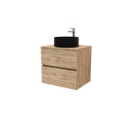 Meuble salle de bains 80cm 2 tiroirs chêne naturel + vasque ronde diamètre 36cm en céramique noire Aurlane - PACM749