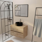 Meuble salle de bains 80cm 2 tiroirs chêne naturel + vasque ronde noire 41cm et miroir 60x80cm Aurlane - PACM761