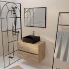 Meuble salle de bains 80cm 2 tiroirs chêne naturel + vasque carrée noire 41x41cm et miroir 60x80cm Aurlane - PACM762