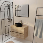 Meuble salle de bains 80cm 2 tiroirs chêne naturel + vasque ronde noire 36cm et miroir 60x80cm Aurlane - PACM763
