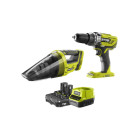 Pack ryobi - perceuse à percussion 18v oneplus - aspirateur à main 18v one plus - 1 batterie lithiumplus 1,3ah - 1 chargeur rapide - r18pdhv-213g