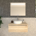 Meuble de salle de bain 1 tiroir avec vasque à poser ronde pena et miroir led stam - bambou (chêne clair) - 80cm