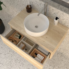 Meuble de salle de bain 1 tiroir avec vasque à poser ronde pena et miroir led solen - bambou (chêne clair) - 80cm