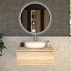 Meuble de salle de bain 1 tiroir avec vasque à poser arrondie pena et miroir led solen - bambou (chêne clair) - 80cm