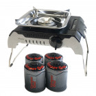 Réchaud gaz piezo 2400w fivestar + 4 cartouches gaz 450 gr butane-propane avec pieds pliables + mallette de transport