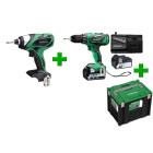 Lot 2 machines HITACHI - HIKOKI Visseuse à chocs WH18DSALL4 + Perceuse à percussion DV18DBEL4A + 2 batteries 4.0Ah, chargeur, coffret - KC18DBEL