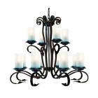 Suspension 12 ampoules scroll, en fer forgé noir et verre craquelé