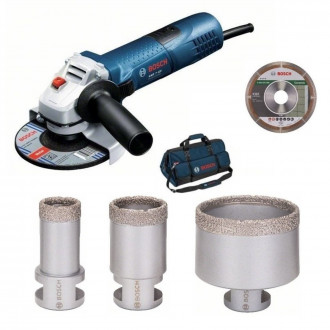 Kit carreleur Diamant BOSCH Meuleuse GWS7-125 + 3 scie trépans + 1 Disque diamant + sac de transport - 061599758U