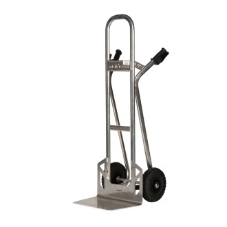 Diable aluminium a tablier sureleve bavette 450x300mm charge 350 kg roues pneumatiques 