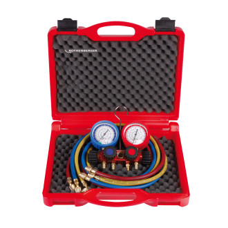 Set manifold plus de manomètre à 4 voies II et flexibles de liaison et valve sphérique pour R22, R134a, R407C et R404A