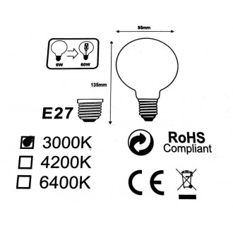 Ampoule led cob e27 led g125 6w 220v - couleur eclairage : blanc chaud 2300k - 3500k