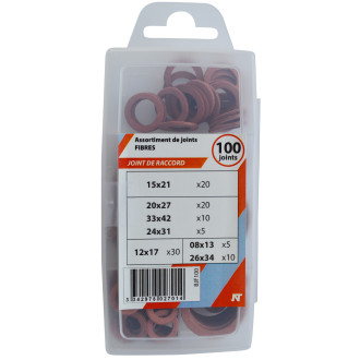 Coffret brochable de 100 joints fibre pour raccord : 5x1/4 + 30x3/8 + 20x(1/2' NOYON & THIEBAULT - 3/4' (20x27)) + 10x(1' - 1'1/4) + 5x24 - BJF100