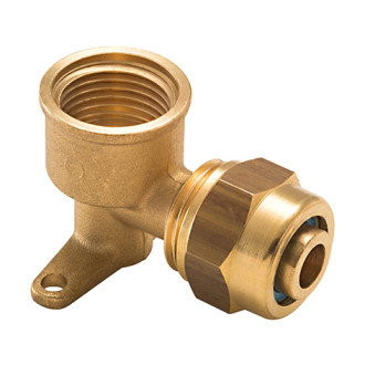 Coude applique à compression pour tube PER NOYON & THIEBAULT - Ø 16 mm à visser femelle F1/2' (15x21) 2 trous pour fixation au mur - P16-81915L1