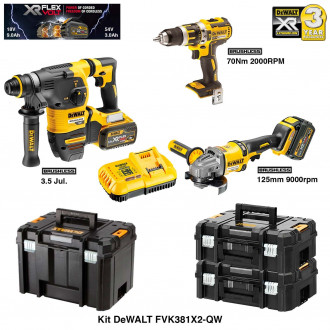 Kit perforateur burineur, perceuse visseuse percussion, meuleuse 54V/18V DeWALT (2 x 9,0 Ah + chargeur + 3 coffrets)