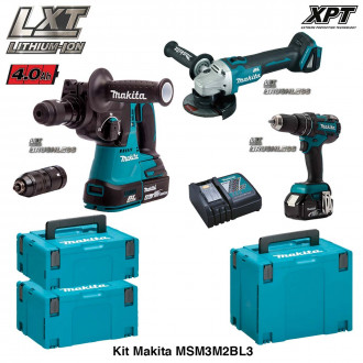 Kit perfo-burineur, meuleuse, perceuse vissseuse à percussion 18V Makita (2 x 4,0Ah + chargeur + 3 coffrets)