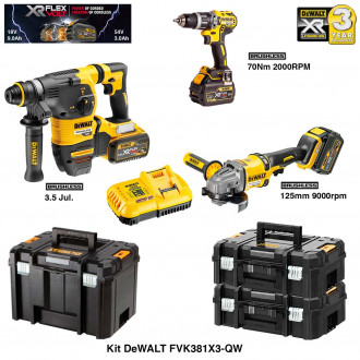 Kit perforateur burineur, perceuse visseuse, meuleuse 54V/18V DeWALT (3 x 9,0 Ah + chargeur + 2 coffrets)