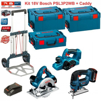 Kit scie sauteuse, scie circulaire et rabots sans fils 18V-Li Bosch (2 batteries 5,0 Ah + chargeur + 3 boîtes à outils + caddy)