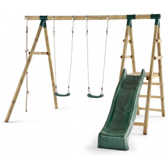 Portique en bois giant avec toboggan et agrès