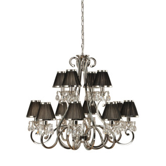 Chandelier oksana, nickel poli, pampilles cristal, 12 abat-jours noirs