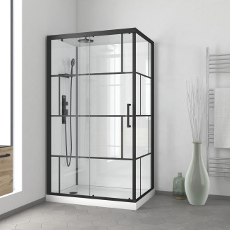 Cabine de douche 110x80cm / receveur bas - verre transparent sérigraphié et blanc - profilés noir Aurlane - CAB275