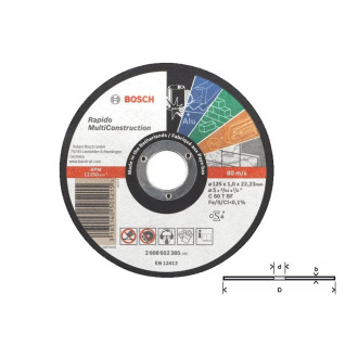 Disque UNIVERSEL à tronçonner BOSCH à moyeu plat Rapido Multi Construction 125X1.6 MM - 2608602383 