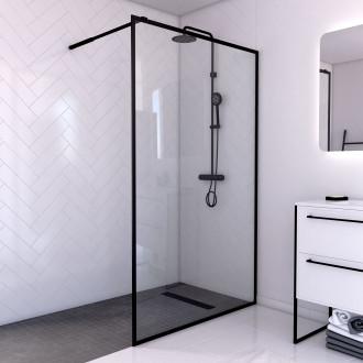 Paroi de douche à l'italienne verre trempé 6mm - cadre et barre de fixation ajustable noir mat - Dimensions au choix