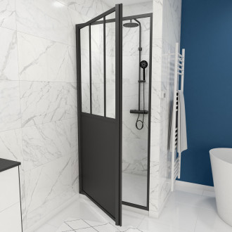 Paroi porte de douche à porte pivotante type atelier - 80x200cm - porte pivotante - profile noir mat - verre transparent 5mm - workshop 80 Aurlane - FAC350