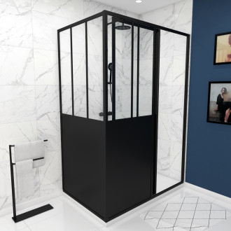 Pack paroi porte de douche coulissante 120x200cm + retour 80cm type atelier - noir mat - verre 5mm Aurlane - FAC409
