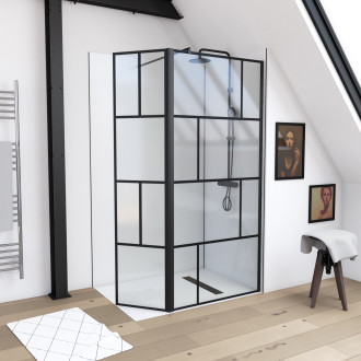 Paroi de douche avec pivot 90+40x195cm – Sérigraphie type briques et Profilés Noir – DARK BLOCKS Aurlane - FAC590