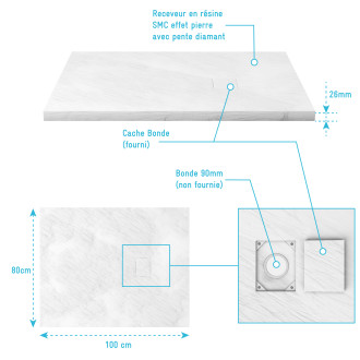 Receveur à poser en matériaux composite SMC – Finition ardoise blanc mat – 80×100 cm – ROCK 2 WHITE Aurlane - FAC694