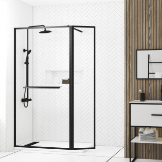Paroi de douche avec volet pivotant 90+40x200cm - profilé, porte-serviette et étagère noir mat Aurlane - FAC760