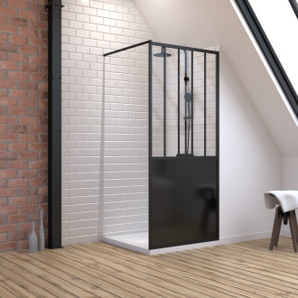 Pack paroi de douche 90x200 cm noir mat - verre trempe 5 mm + receveur a poser extra plat 90x90 Aurlane - PACF055