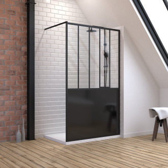 Pack paroi de douche 120x200 cm noir mat + receveur a poser rectangle blanc - finition pierre Aurlane - PACF064