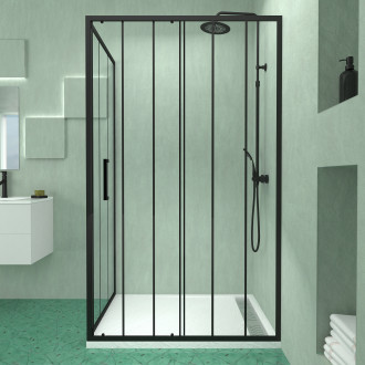 Porte coulissante et retour avec sérigraphie noire 120x90x200 cm + receveur blanc effet pierre Aurlane - PACF189