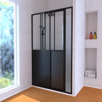 Pack porte coulissante noir mat + receveur blanc 120x80x204 cm et colonne de douche thermostatique Aurlane - PACF301