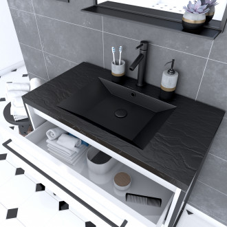 Pack meuble de salle de bain 80x50cm blanc - 2 tiroirs noir - vasque noir effet pierre et miroir noir mat - structura p018 Aurlane - PACM018