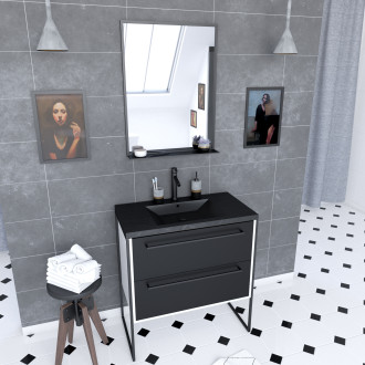 Meuble de salle de bain 80x50cm blanc - 2 tiroirs noir mat - vasque résine noire effet pierre et miroir noir mat - structura p029 Aurlane - PACM029