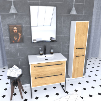 Pack meuble de salle de bain 80x50 cm - 2 tiroirs - vasque blanche + miroir noir mat + colonne Aurlane - PACM036